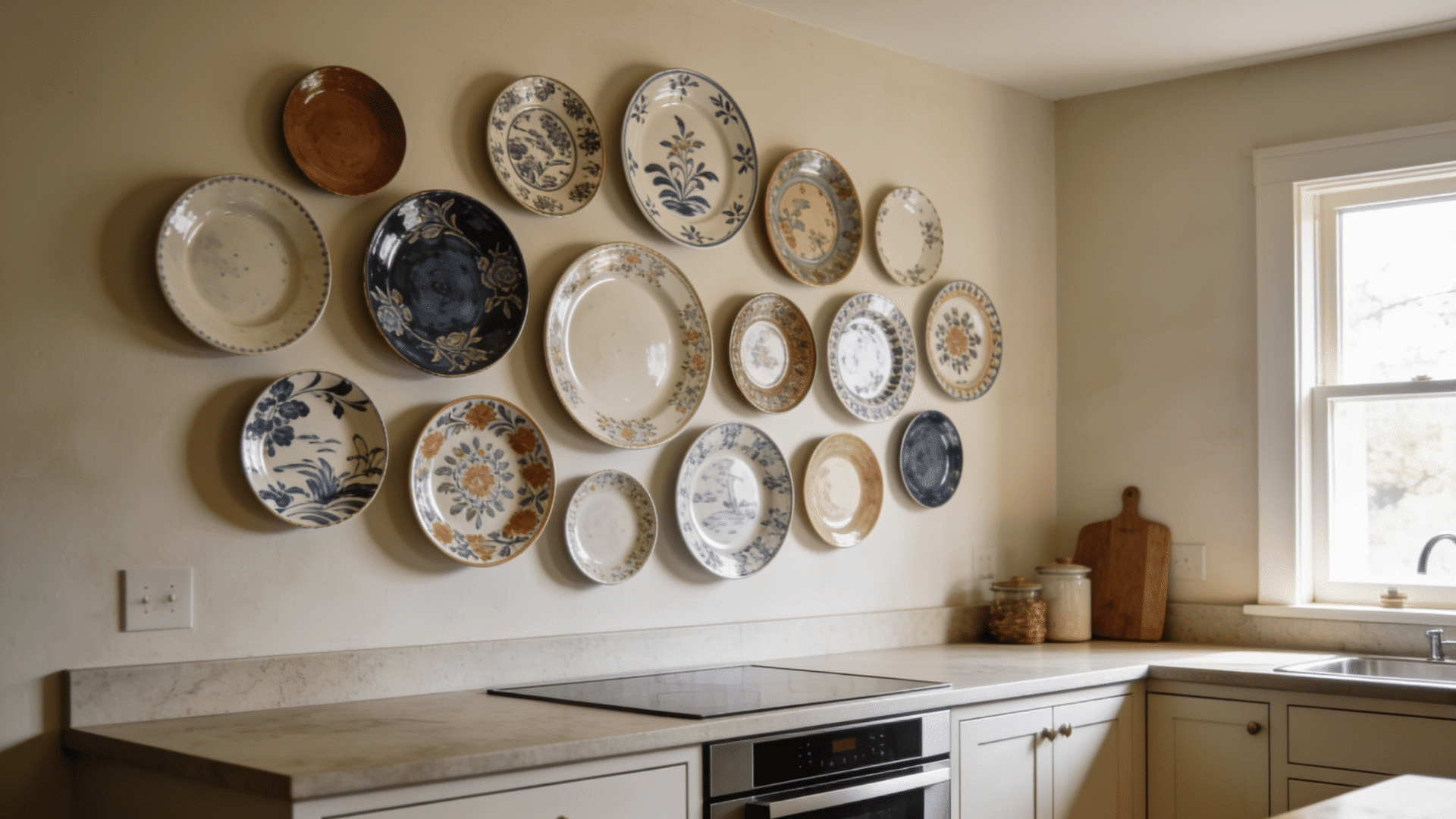 Kitchen wall with plate display, framed art, and chalkboard area in a warm modern kitchen interior.