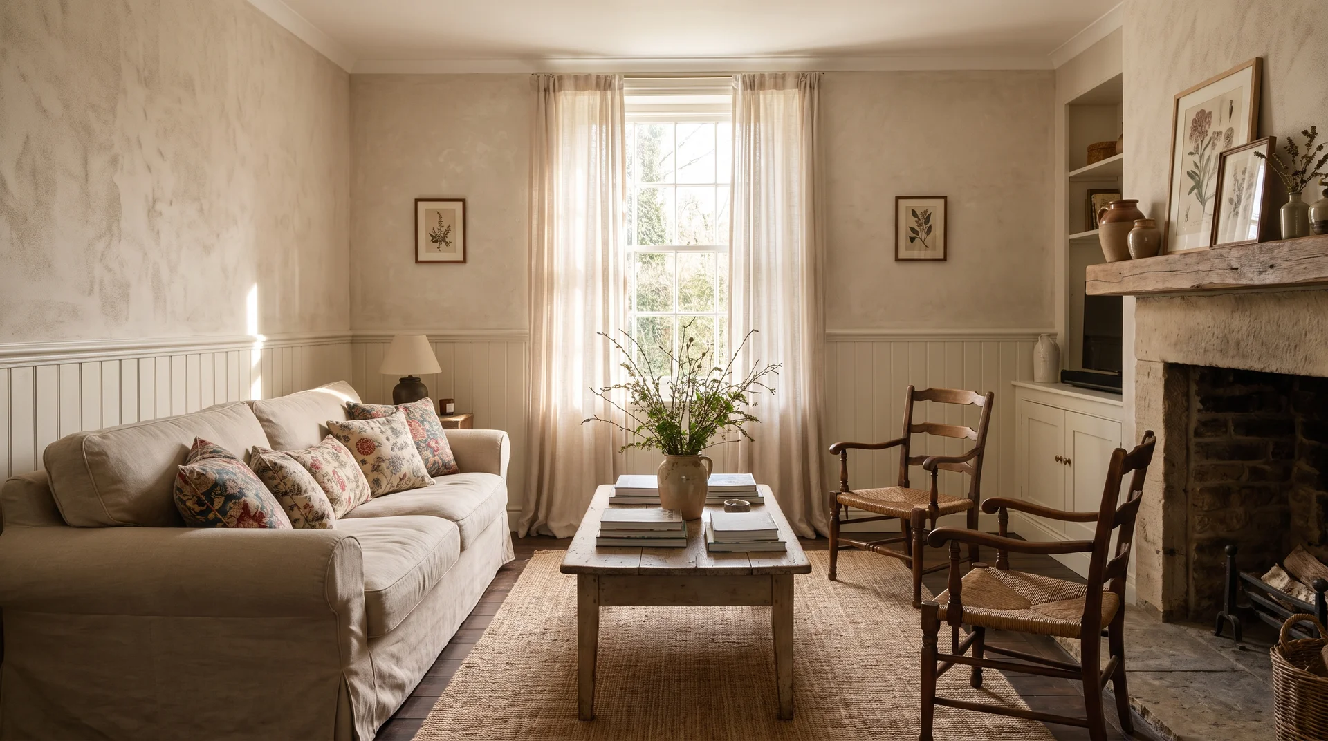 Cottage living room with beadboard walls, linen sofa, and warm natural light.