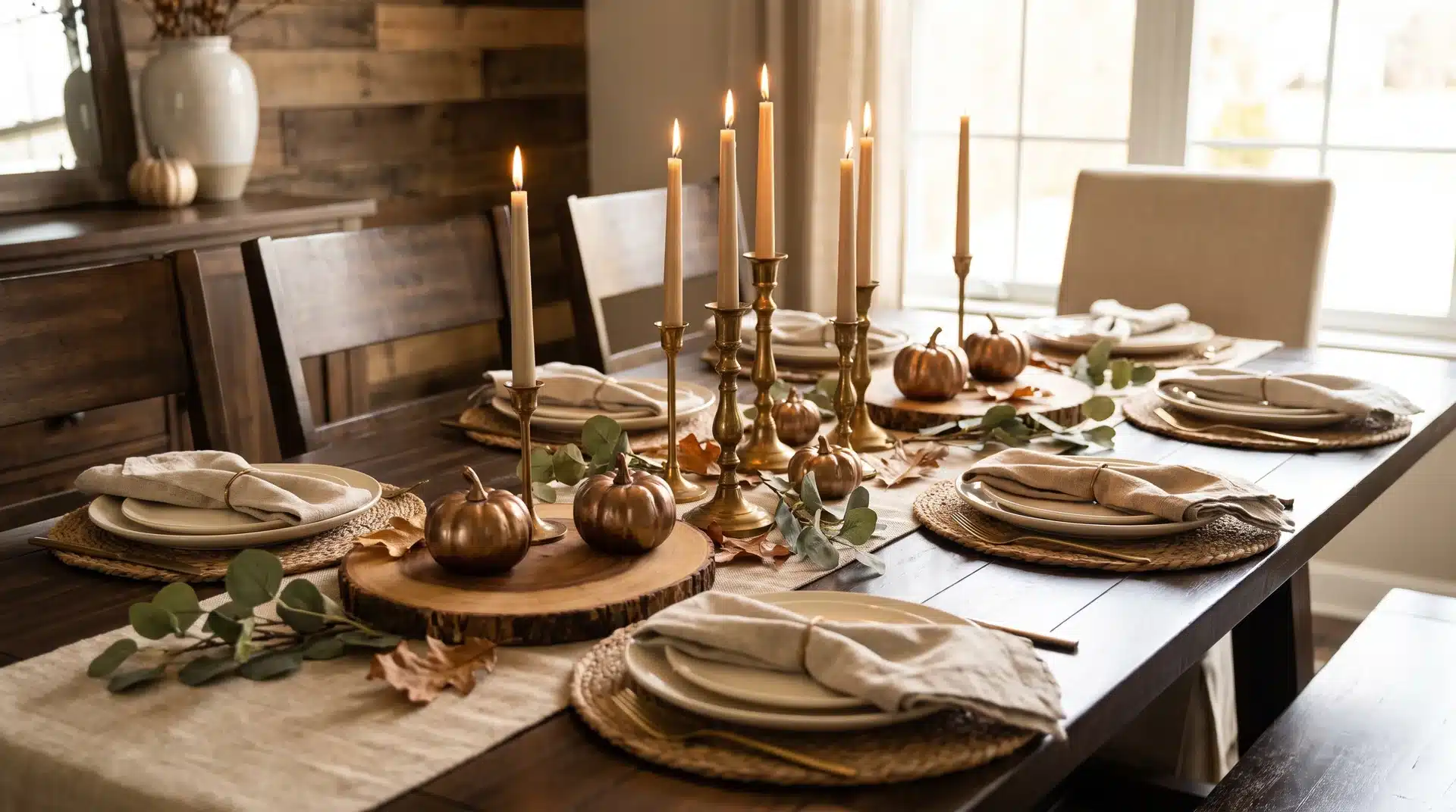 Thanksgiving table with brass accents and warm autumn details.