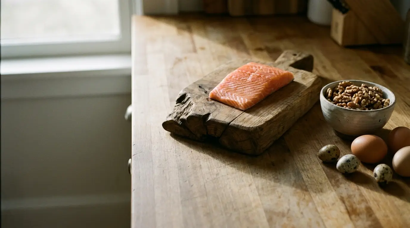 Salmon fillet on rustic wooden board beside eggs and walnuts in a bright kitchen