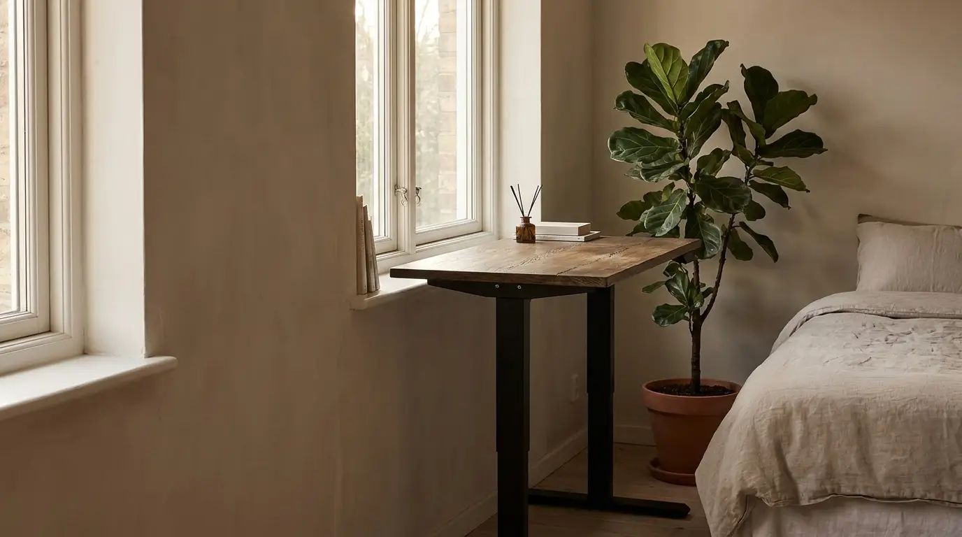 Wooden desk by a window with a potted fiddle leaf fig and beige bedding