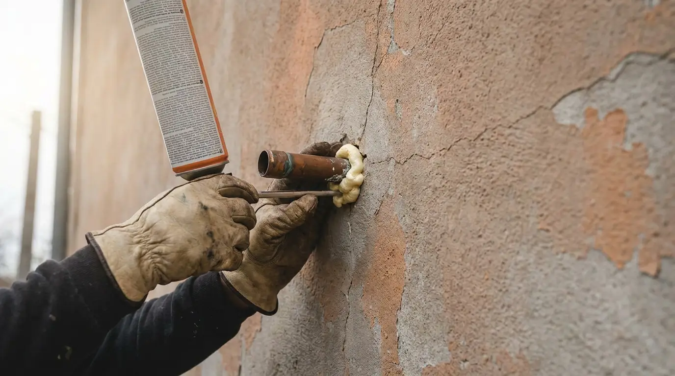 Worker applying foam sealant around pipe in cracked wall with gloved hands