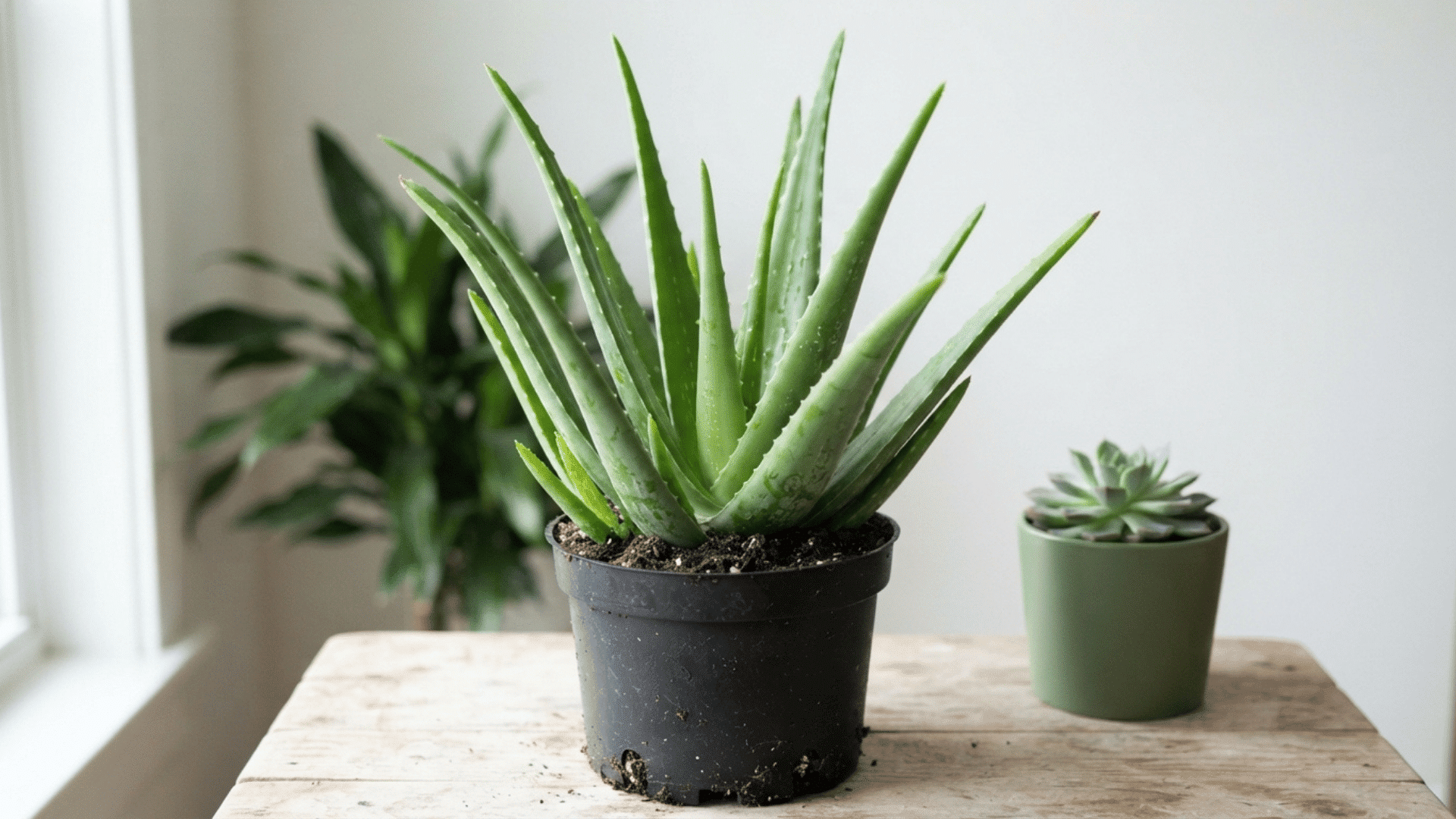 Aloe vera plant growing in a black pot with a small succulent on a wooden table indoors