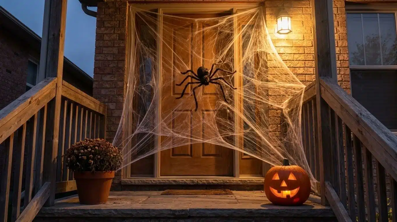 Front door covered in a stretched spiderweb with a large spider centerpiece