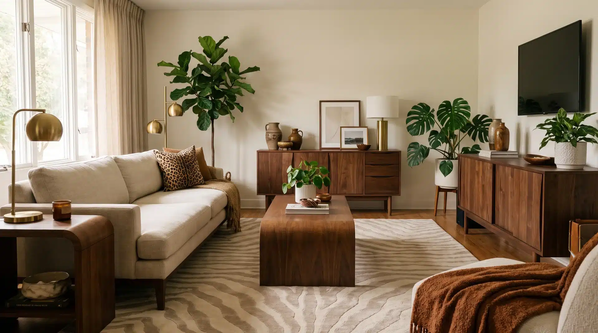 Elegant zebra rug and animal print accents in a modern retro room.