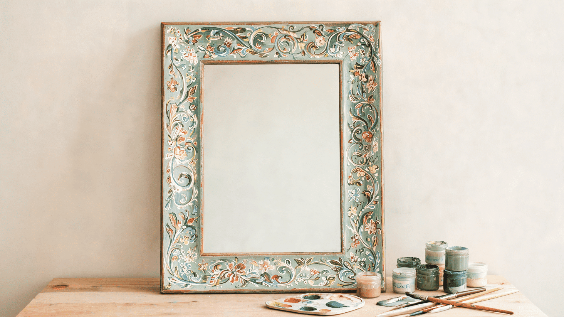 Antique mirror painting showing a decorated mirror frame
