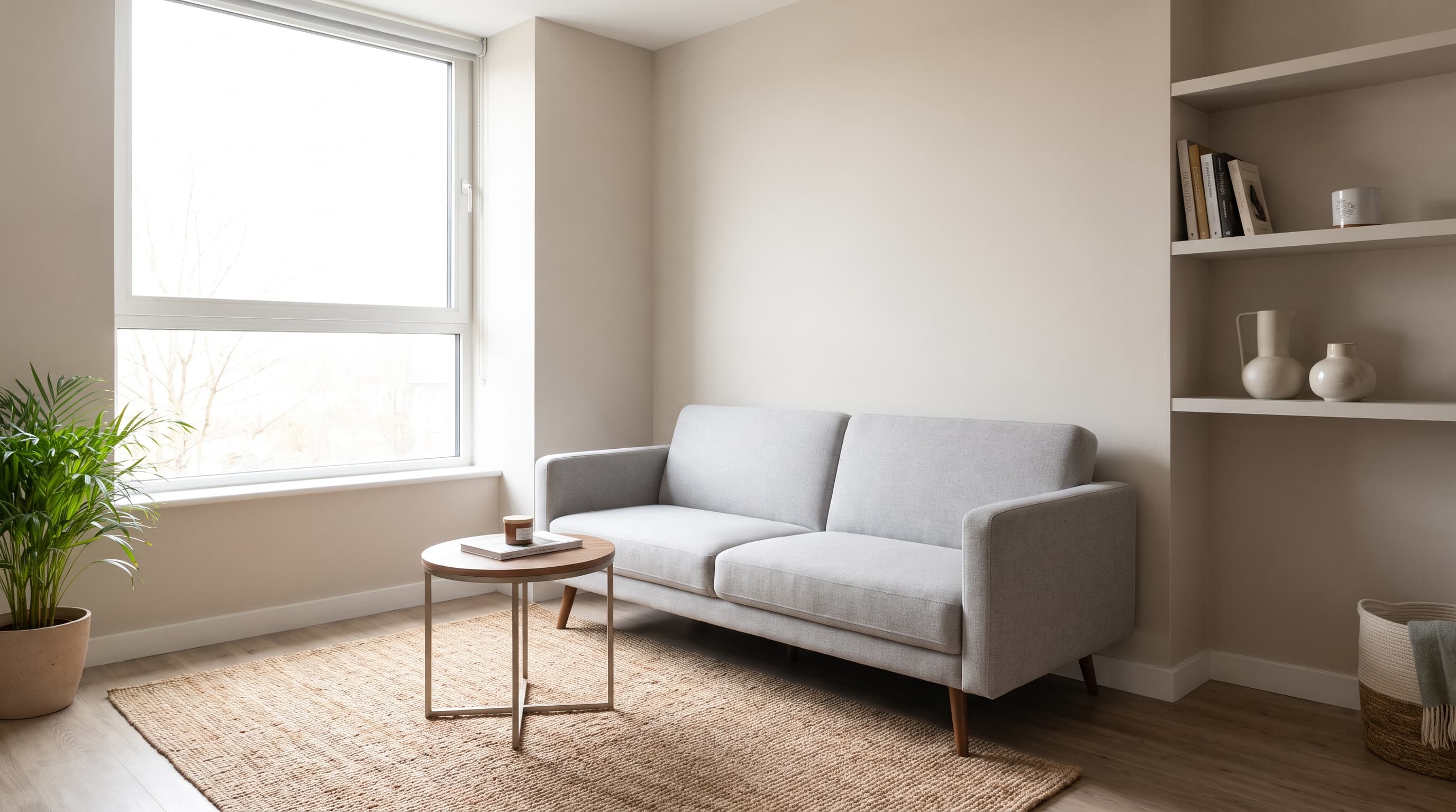 Apartment sofa with shallow depth and compact design fitting a small living room space