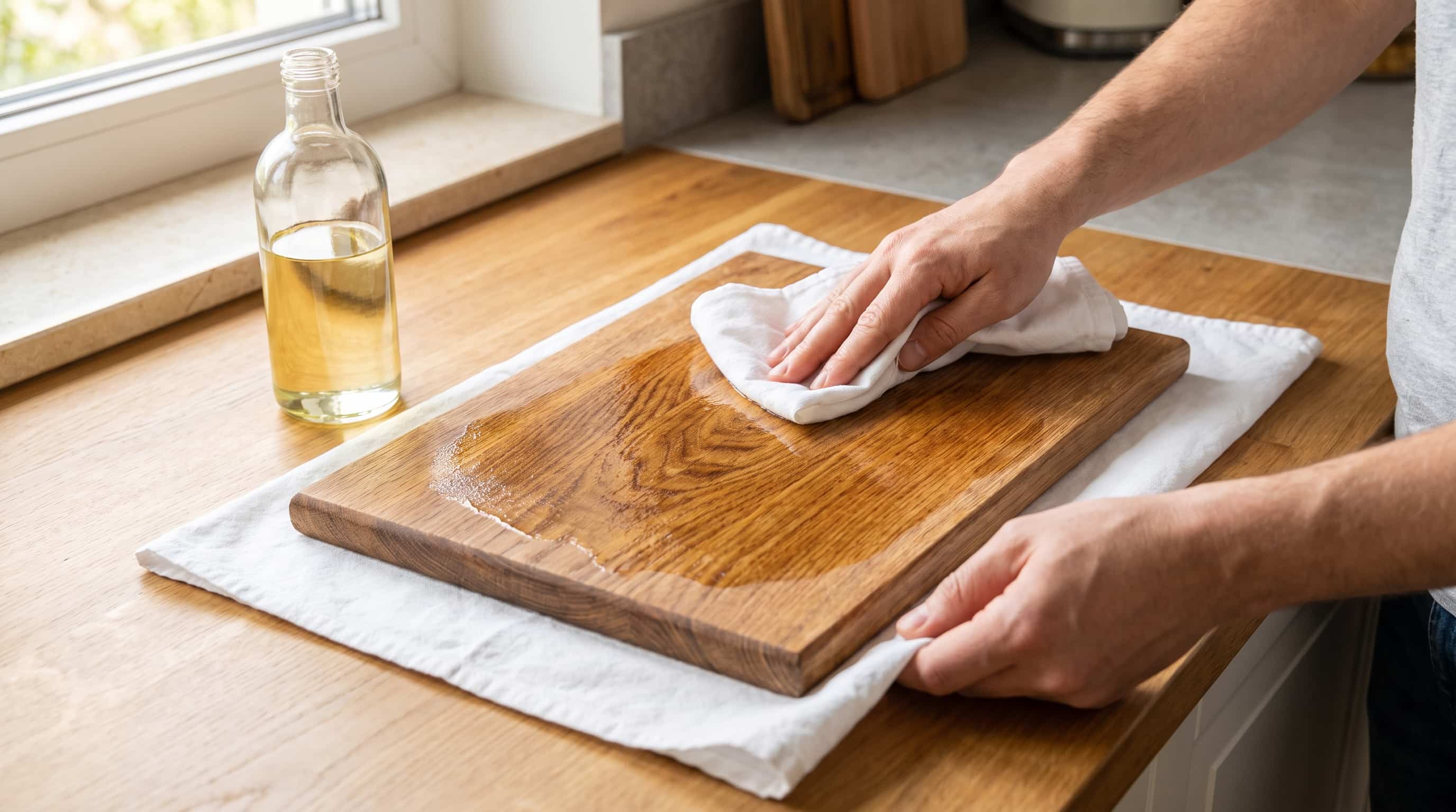 Applying food-safe mineral oil to a wooden cutting board with a cloth for seasoning.