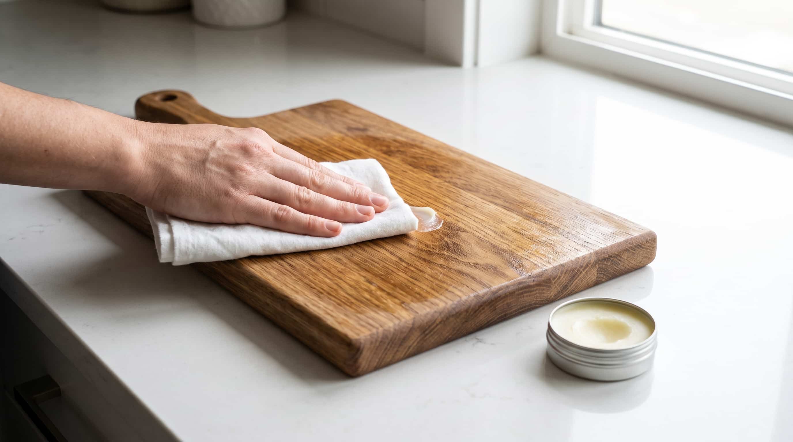 Spreading a beeswax-based conditioner on a wooden cutting board with a cloth.
