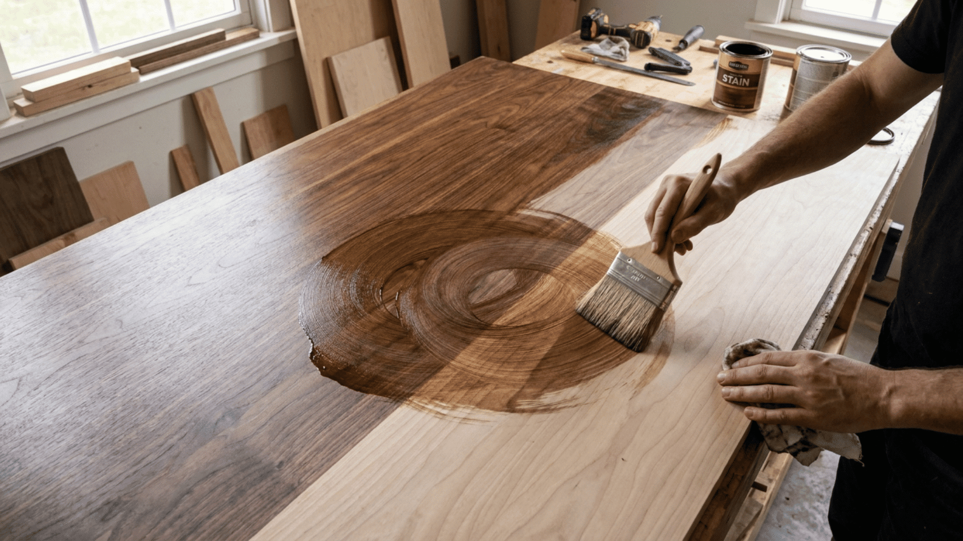 Hands applying wood stain in circular and straight strokes on a flat wood surface in a workshop