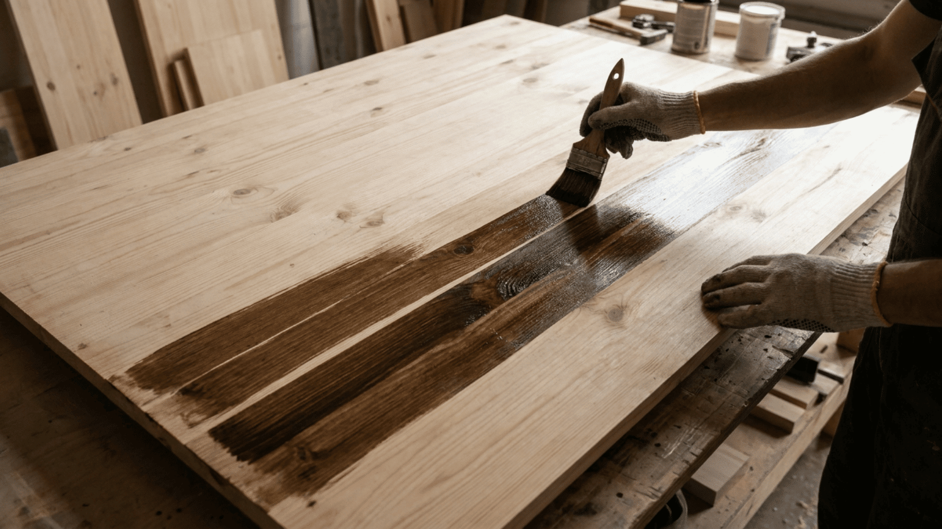 Hands applying wood stain in strips on a large flat wood surface, keeping a wet edge between sections