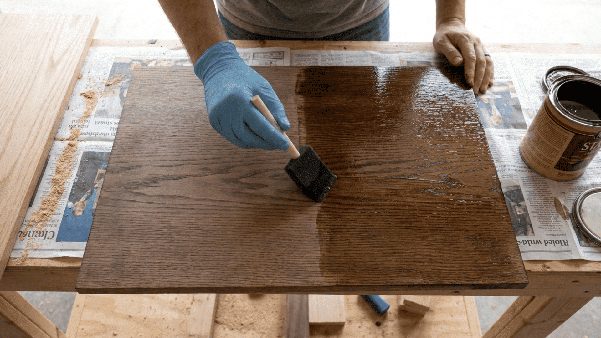Hands applying a second coat of wood stain on a flat wooden surface after the first coat has dried