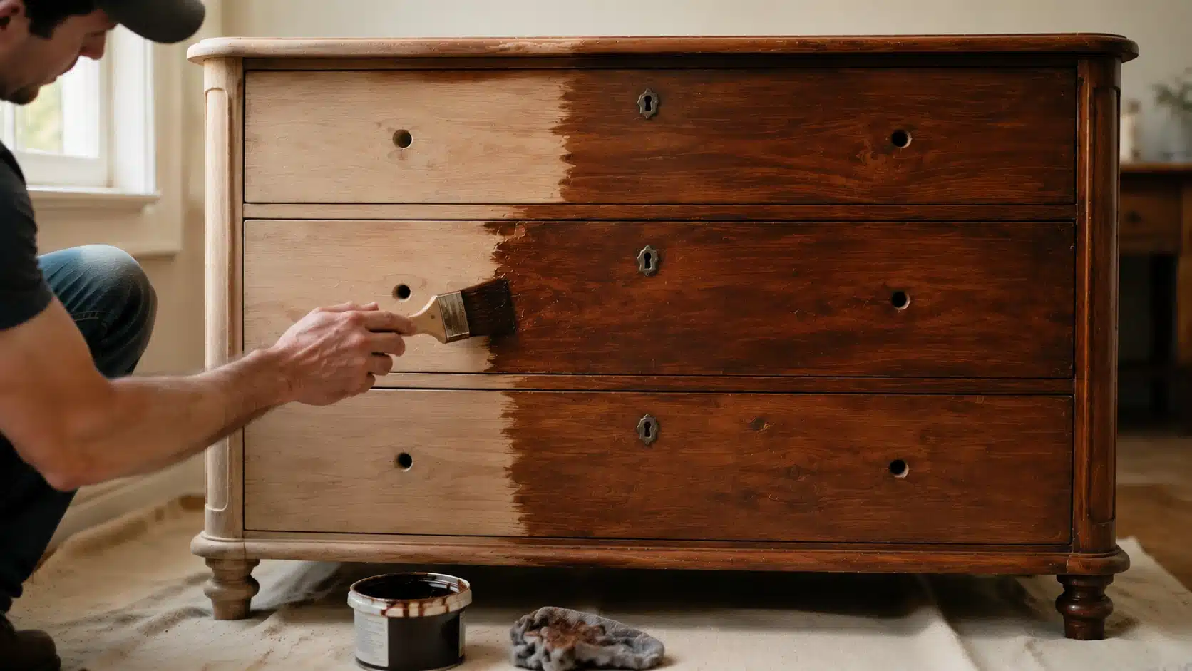 Man applying a smooth wood finish to a restored wooden cabinet, showing the transition from unfinished wood to a rich polished surface.