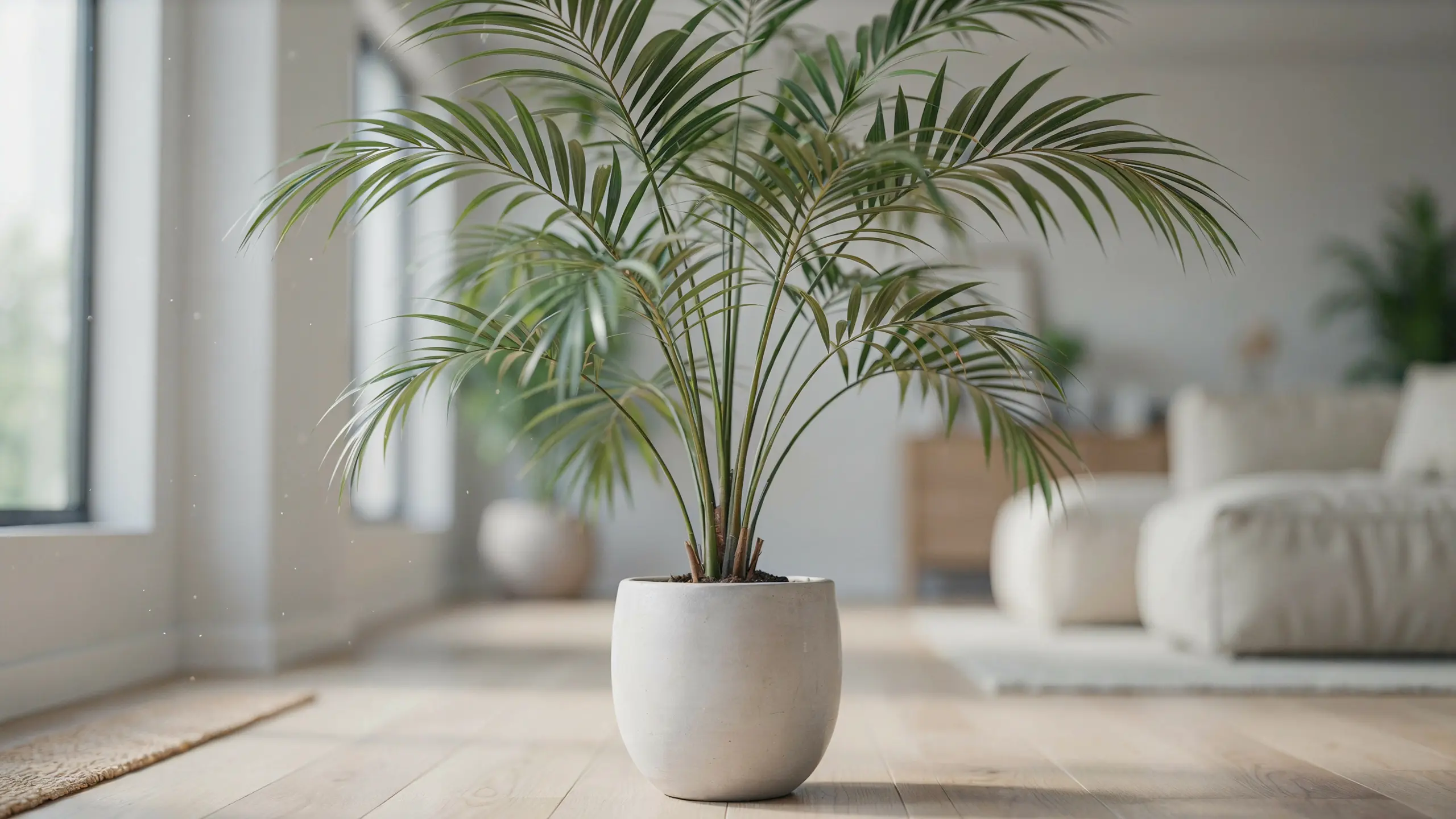 Areca palm with soft fronds in sharp focus against a softly blurred bright interior.
