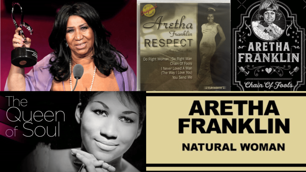 Aretha Franklin collage featuring her performances, albums, awards, and Queen of Soul legacy.