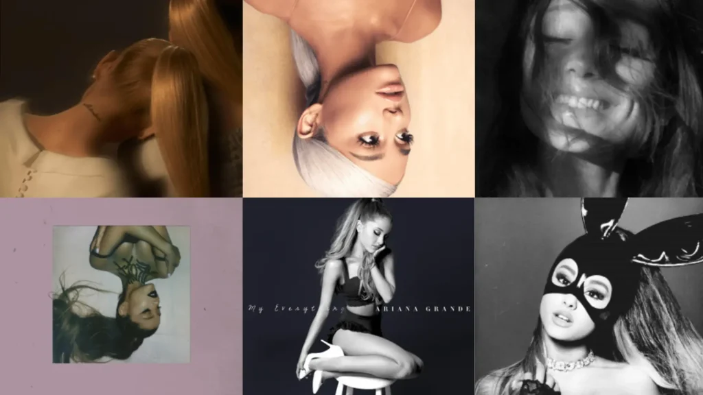 Ariana Grande album artwork collage showing different eras of her music career.