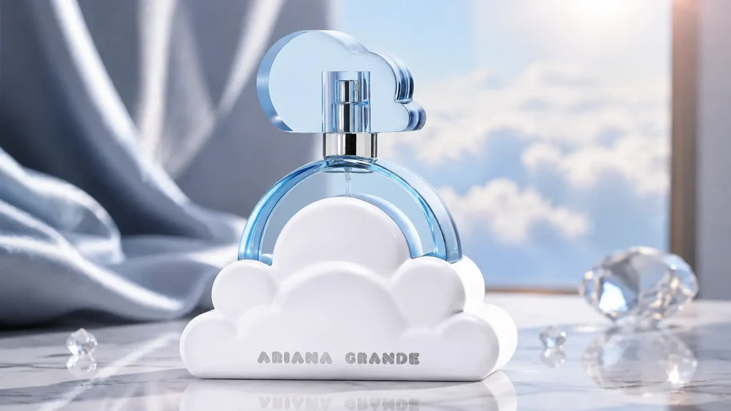 Ariana Grande fragrance products displayed with a cloud-shaped perfume bottle and luxury styling.