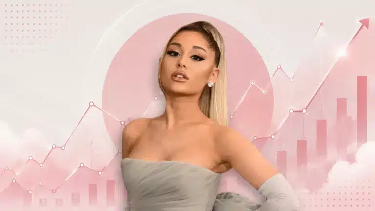 Ariana Grande portrait with pink financial growth charts and abstract success graphics in a modern editorial-style composition.