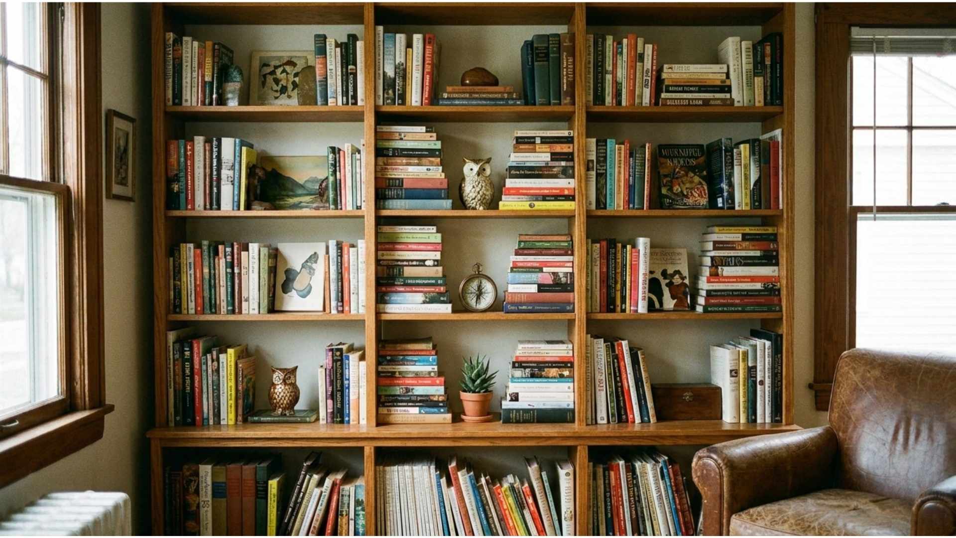 Bookshelf with vertical and horizontal books, decorative object on stacked books in cozy room