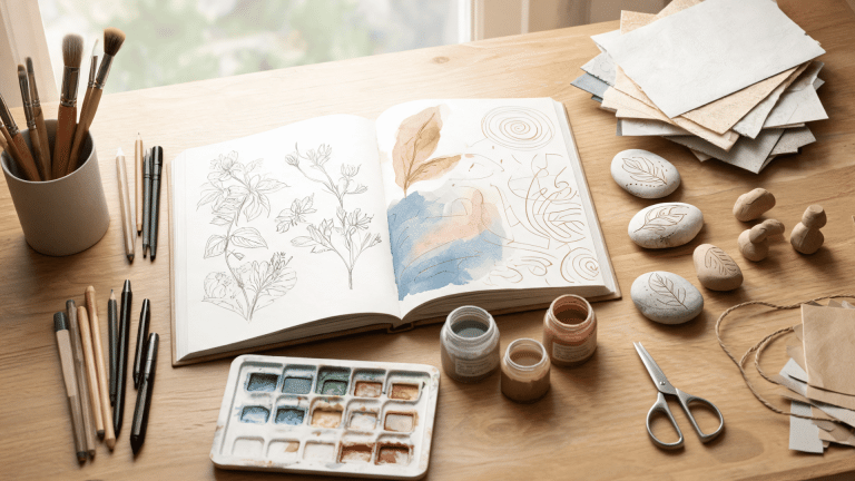 Art ideas workspace showing a sketchbook with drawings and craft supplies
