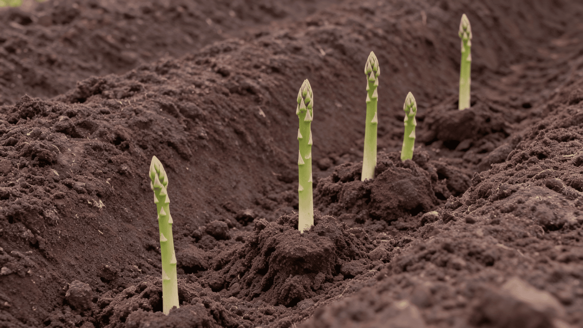 Young asparagus spears emerging as soil is gradually added to a partially filled trench