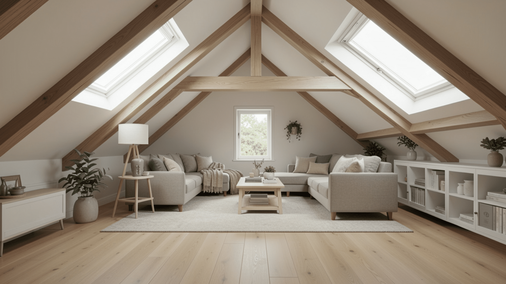 Attic conversion with cathedral ceiling showing exposed beams and skylights in finished interior space