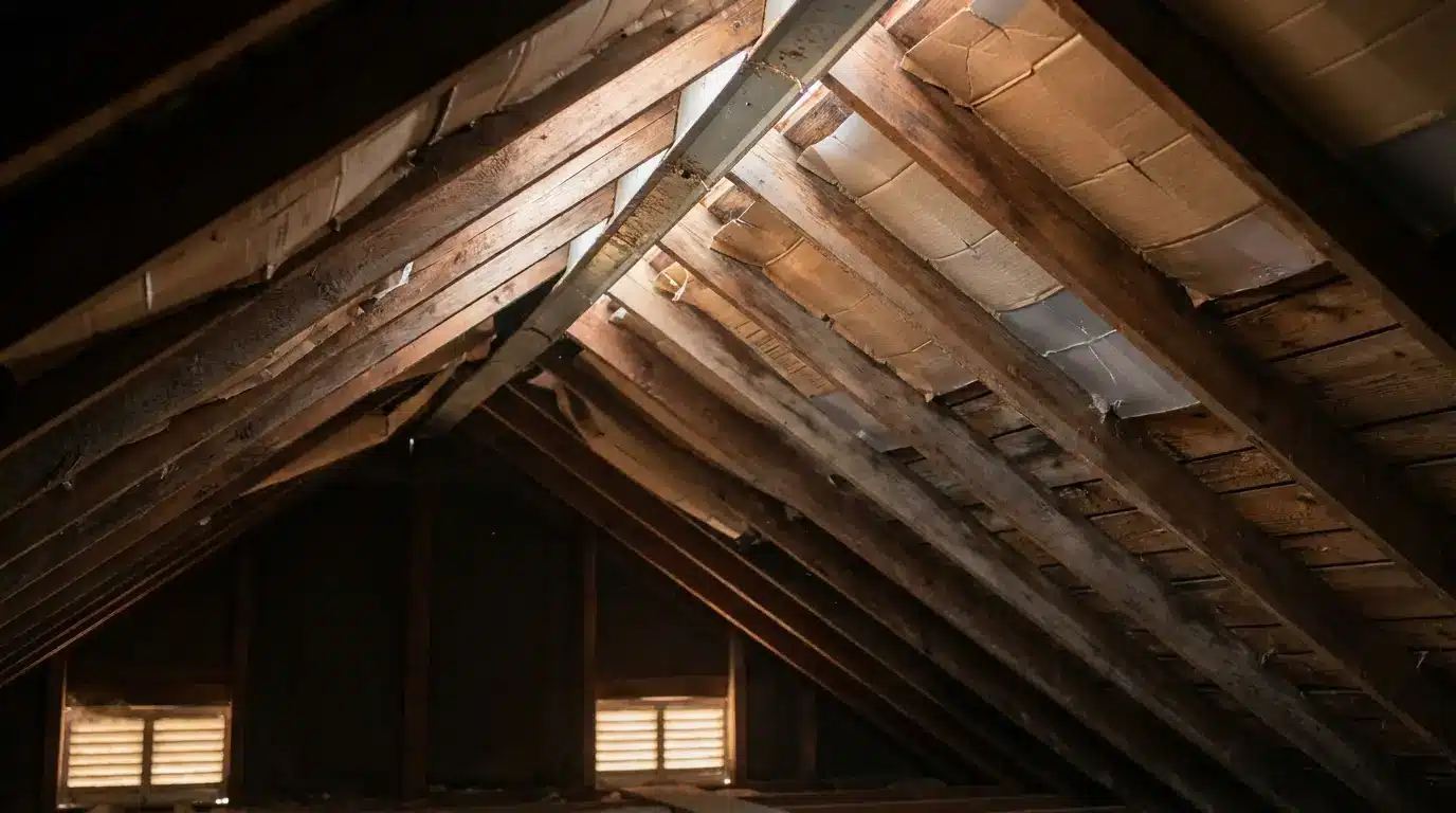 Dimly lit attic with exposed wooden beams and cardboard insulation on ceiling