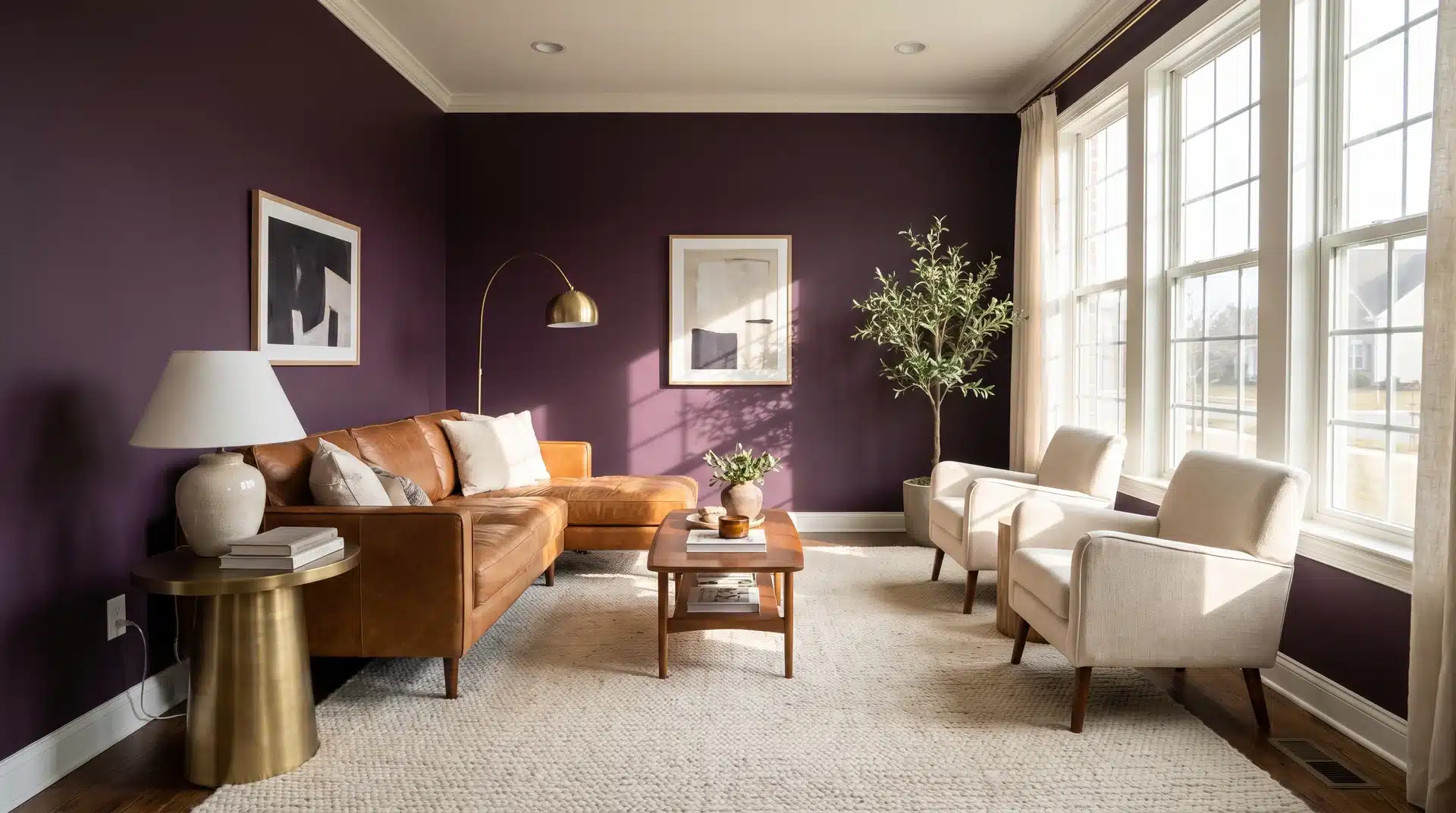 Full living room with Sherwin-Williams Quixotic Plum aubergine feature wall and cognac leather sofa.