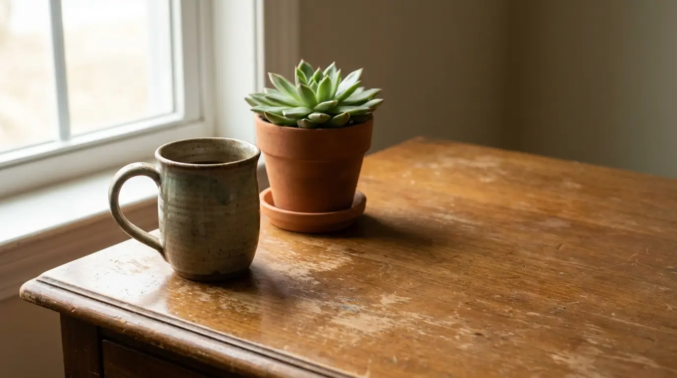 Ceramic mug and potted succulent on a wooden table by a window in natural light