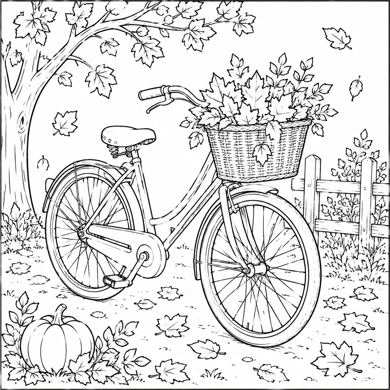Autumn bicycle coloring page with leaf-filled basket, fallen leaves, and seasonal outdoor scenery for kids to color