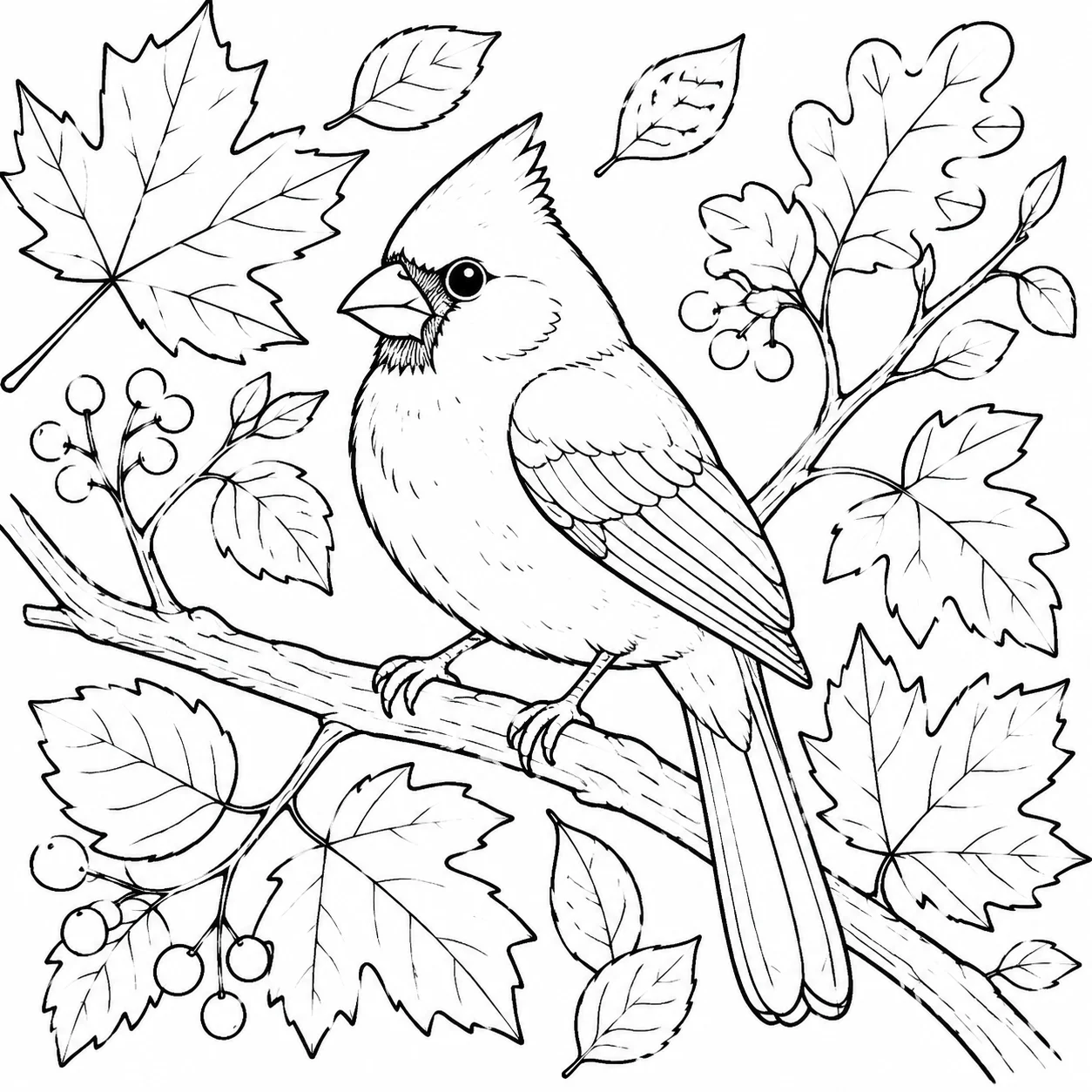 Autumn bird coloring page featuring a bird on a branch with fall leaves and nature details for kids to color