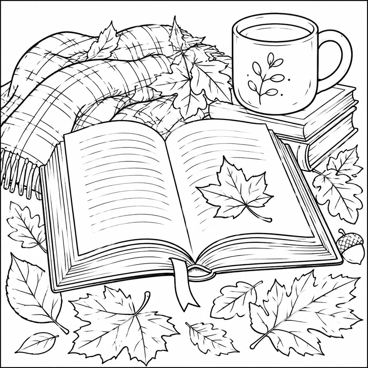Autumn book coloring page with an open book, fall leaves, and cozy reading elements for creative coloring.