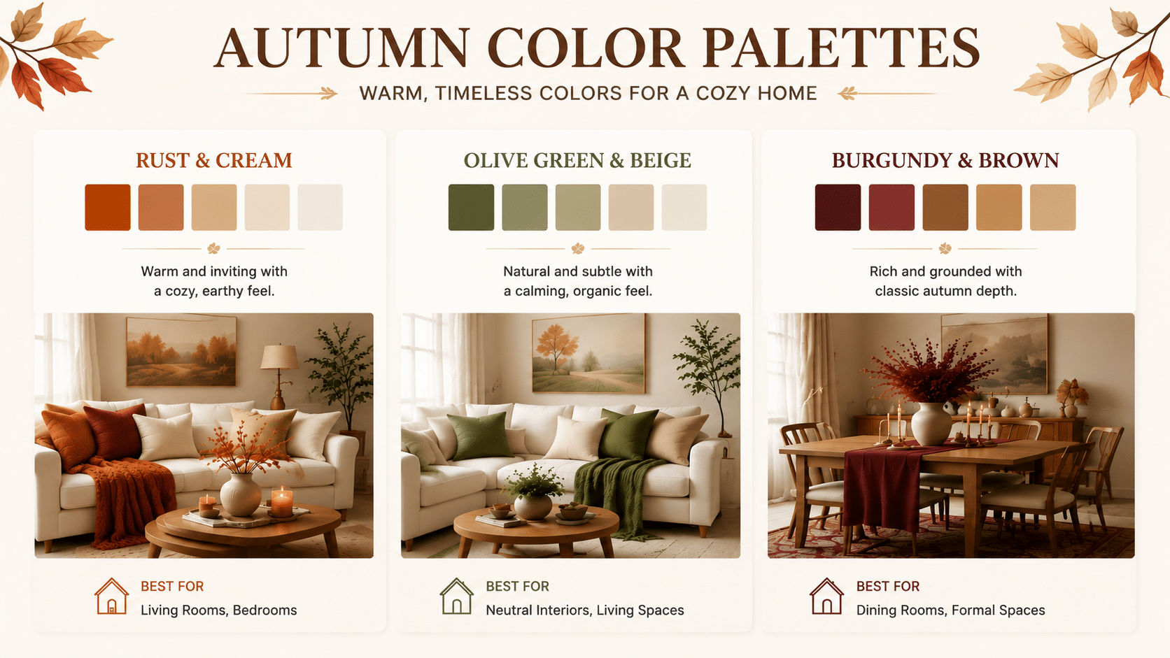 Autumn color palette infographic showing rust, olive, burgundy, black, and terracotta fall design combinations for home decor.