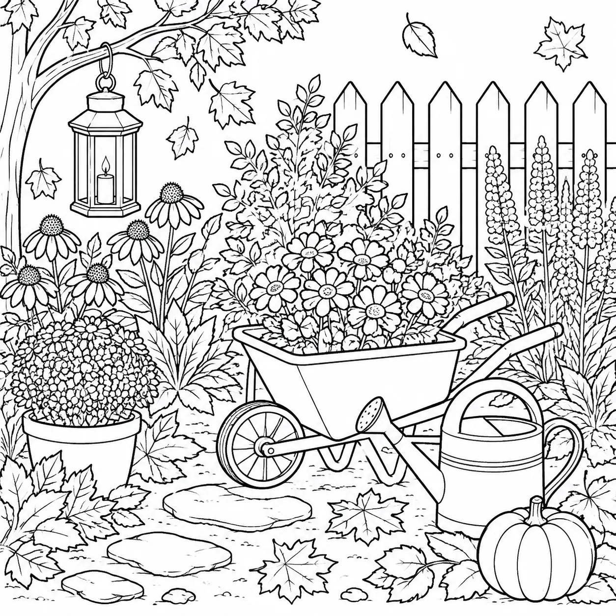 Autumn garden coloring page with flowers, leaves, pumpkin, and gardening tools for kids to color