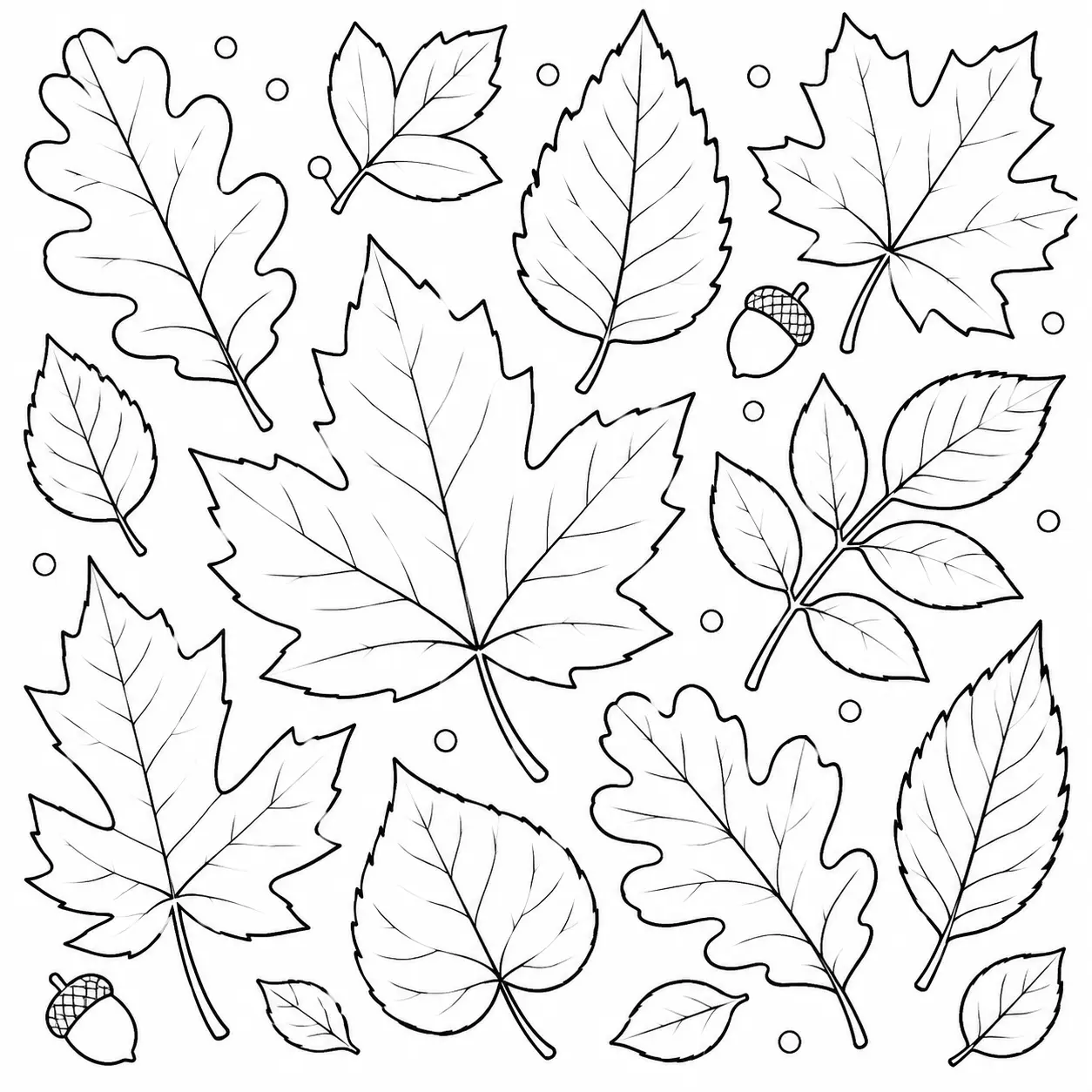 Autumn leaf coloring page featuring a mix of different leaf shapes and sizes scattered across