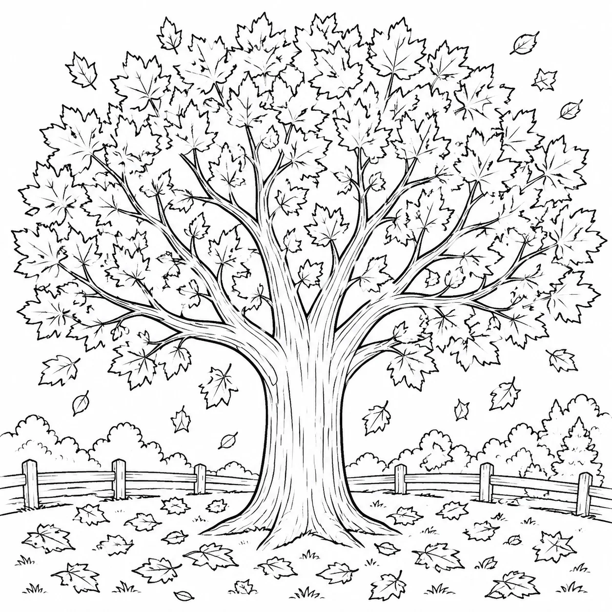 Black and white autumn tree coloring page with falling leaves and detailed outline artwork for kids to color.