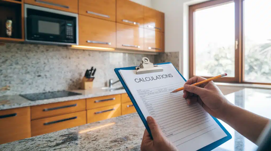 Close-up of hands writing on a clipboard labeled "Calculations" over a granite kitchen countertop with wood cabinets.