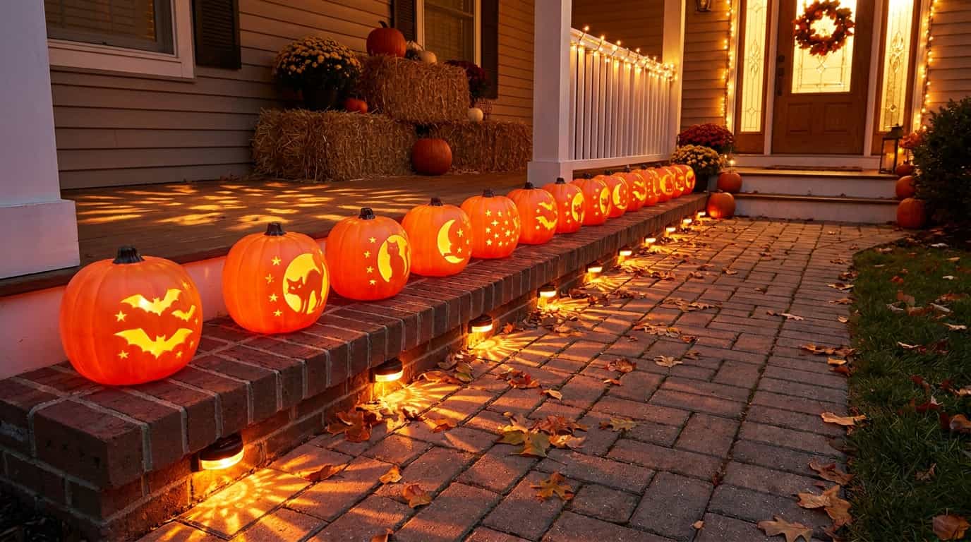Halloween pumpkins with cutout silhouettes glowing along a porch walkway