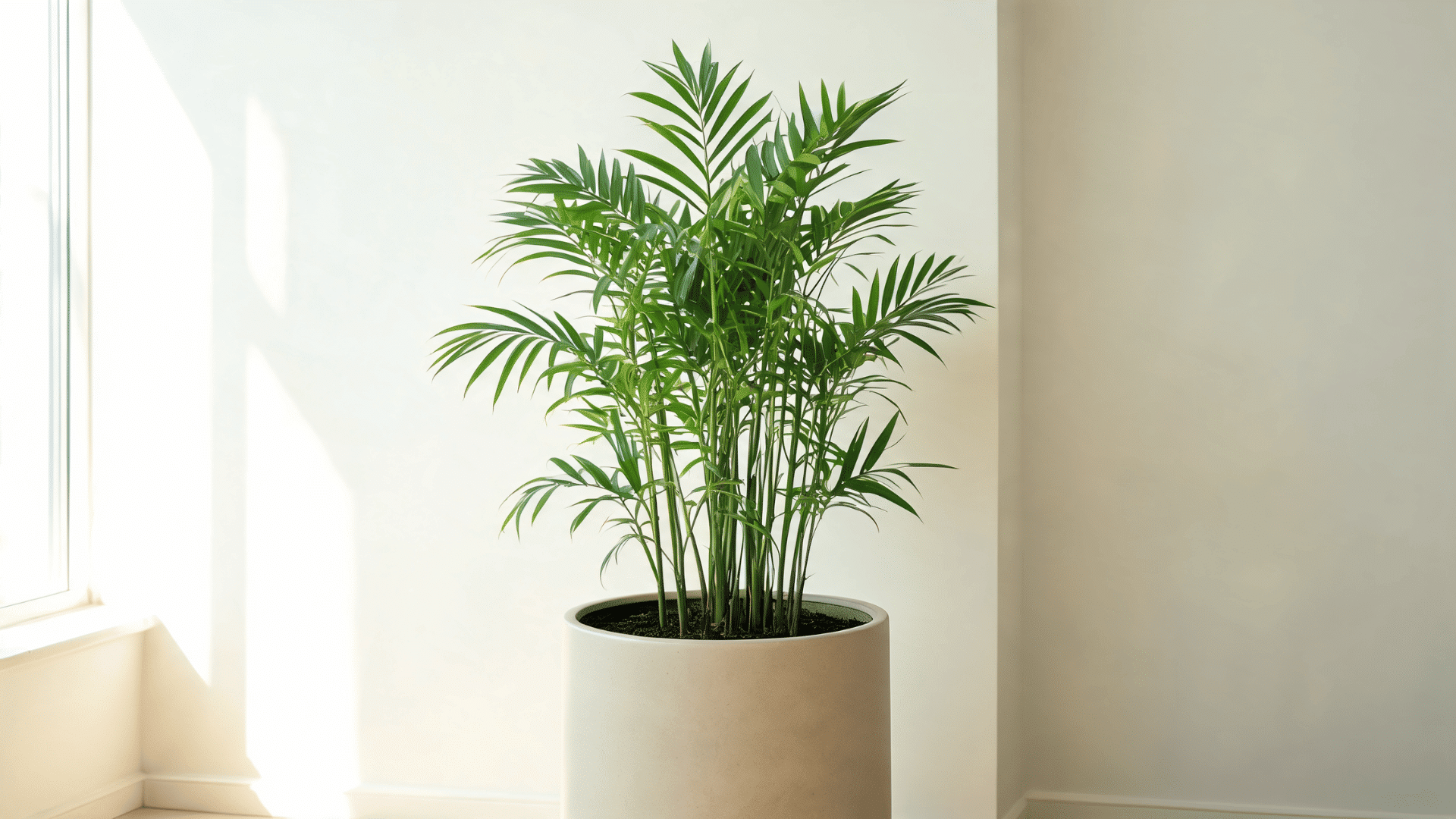 Bamboo palm with thin stems and green fronds growing in an indoor planter