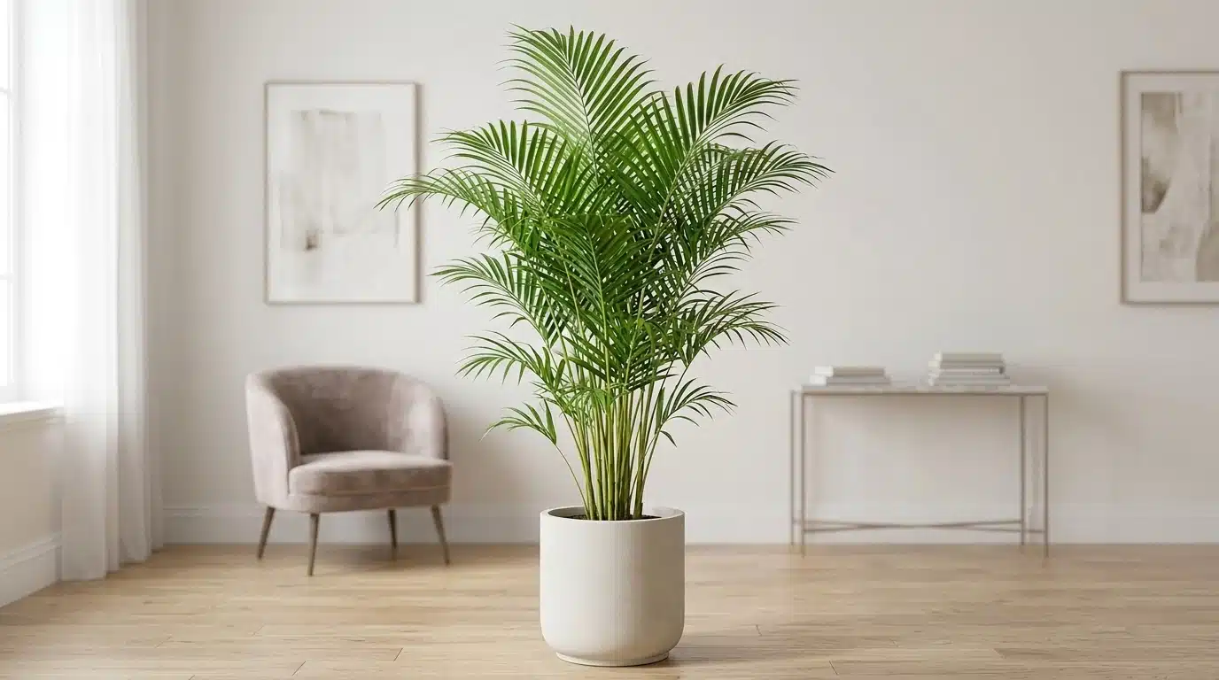 Bamboo palm in sharp focus with a softly blurred bright indoor background.