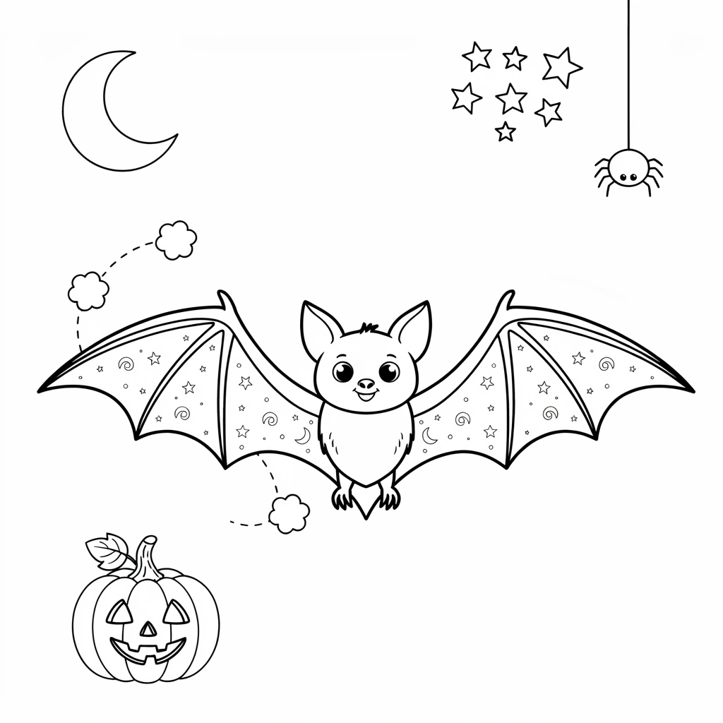 Flying bat Halloween coloring page showing a bat with outstretched wings, a classic and instantly recognizable seasonal