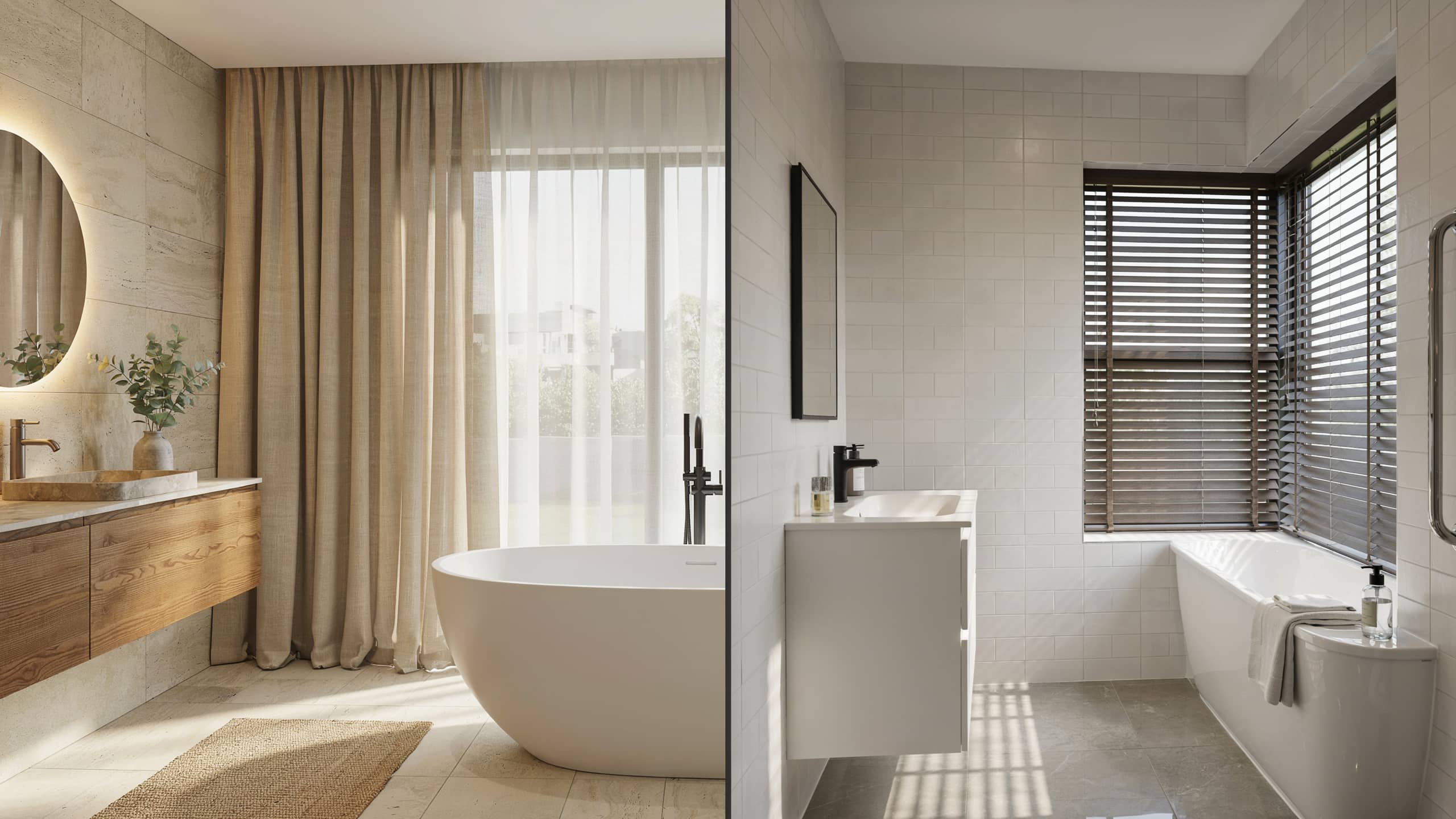 Bathroom window comparison featuring fabric curtains and moisture-resistant blinds