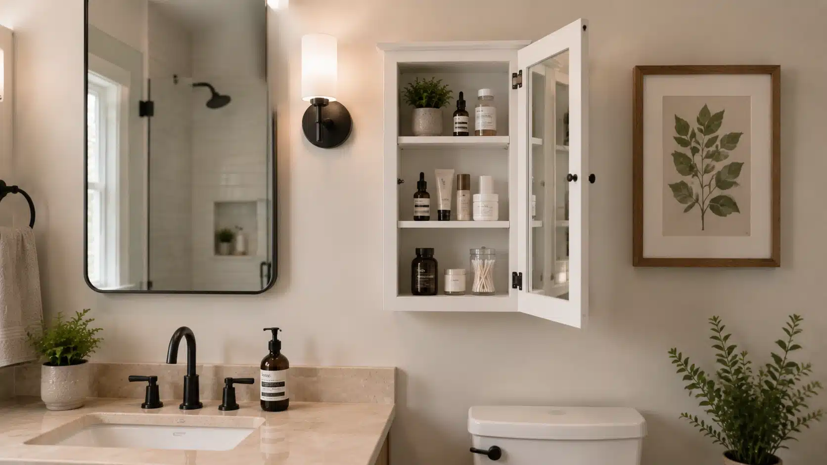 Wall-mounted bathroom medicine cabinet with organized shelves and toiletries