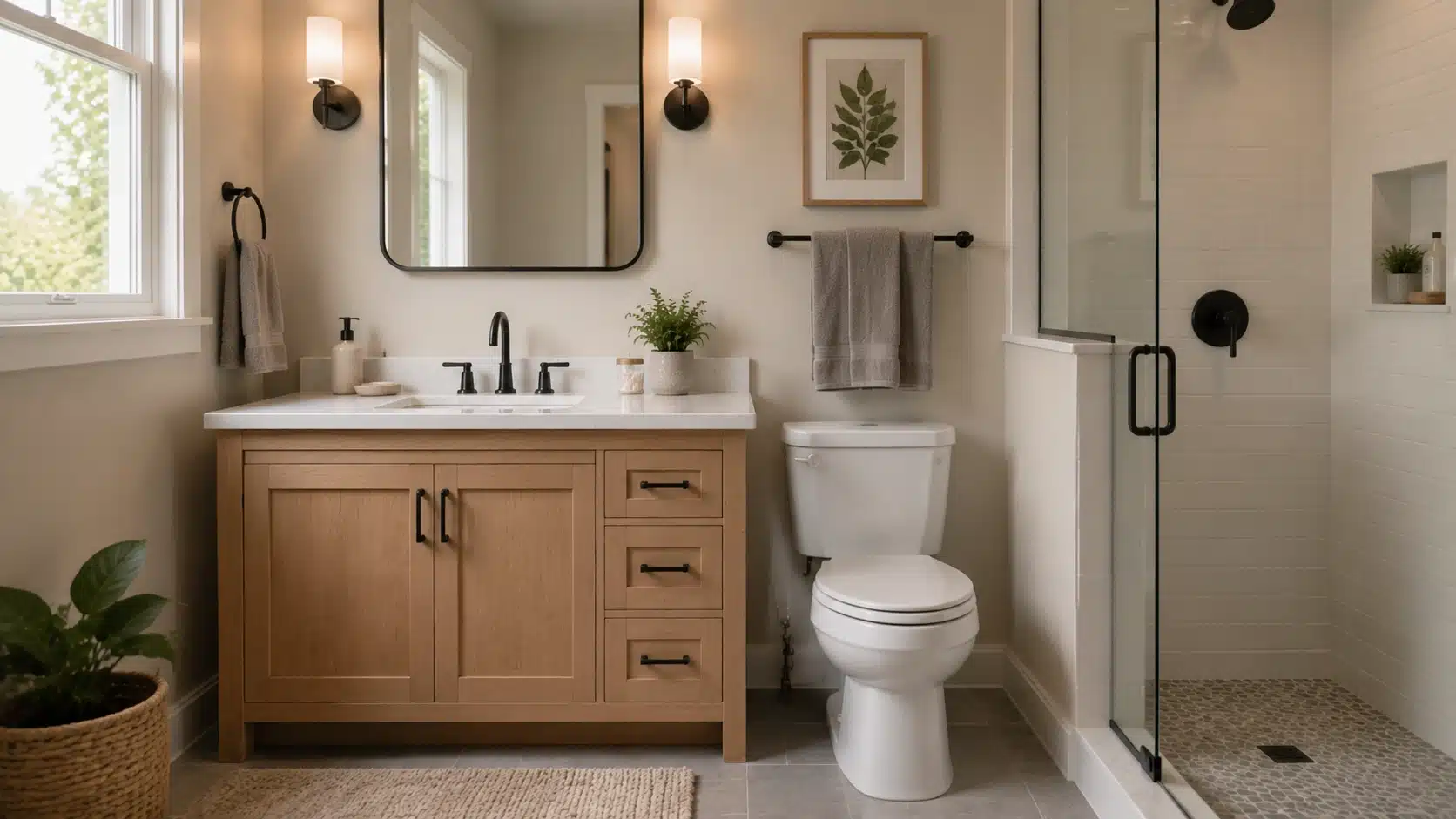 Modern bathroom vanity cabinet with marble countertop and sleek fixtures