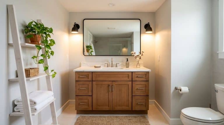 Vanity depth measured from wall to counter edge in a white oak bathroom with sconces and open shelves.