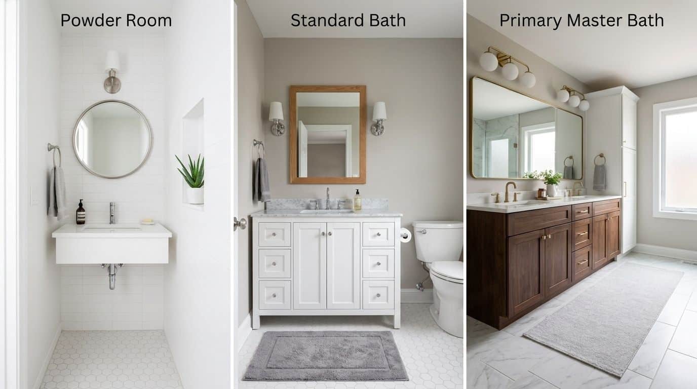 Three bathroom types side by side showing shallow powder room vanity, standard 21-inch single sink vanity, and wide double sink master bath vanity with depth size comparison