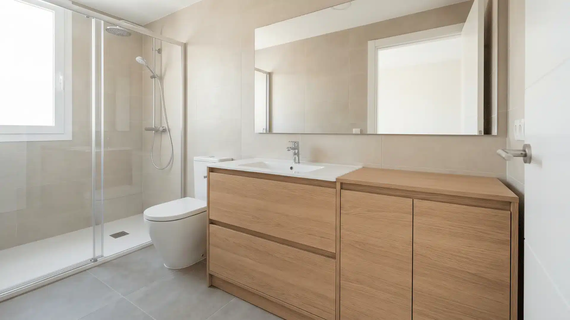 Bathroom vanity with comfort-height sink cabinet and wall mirror