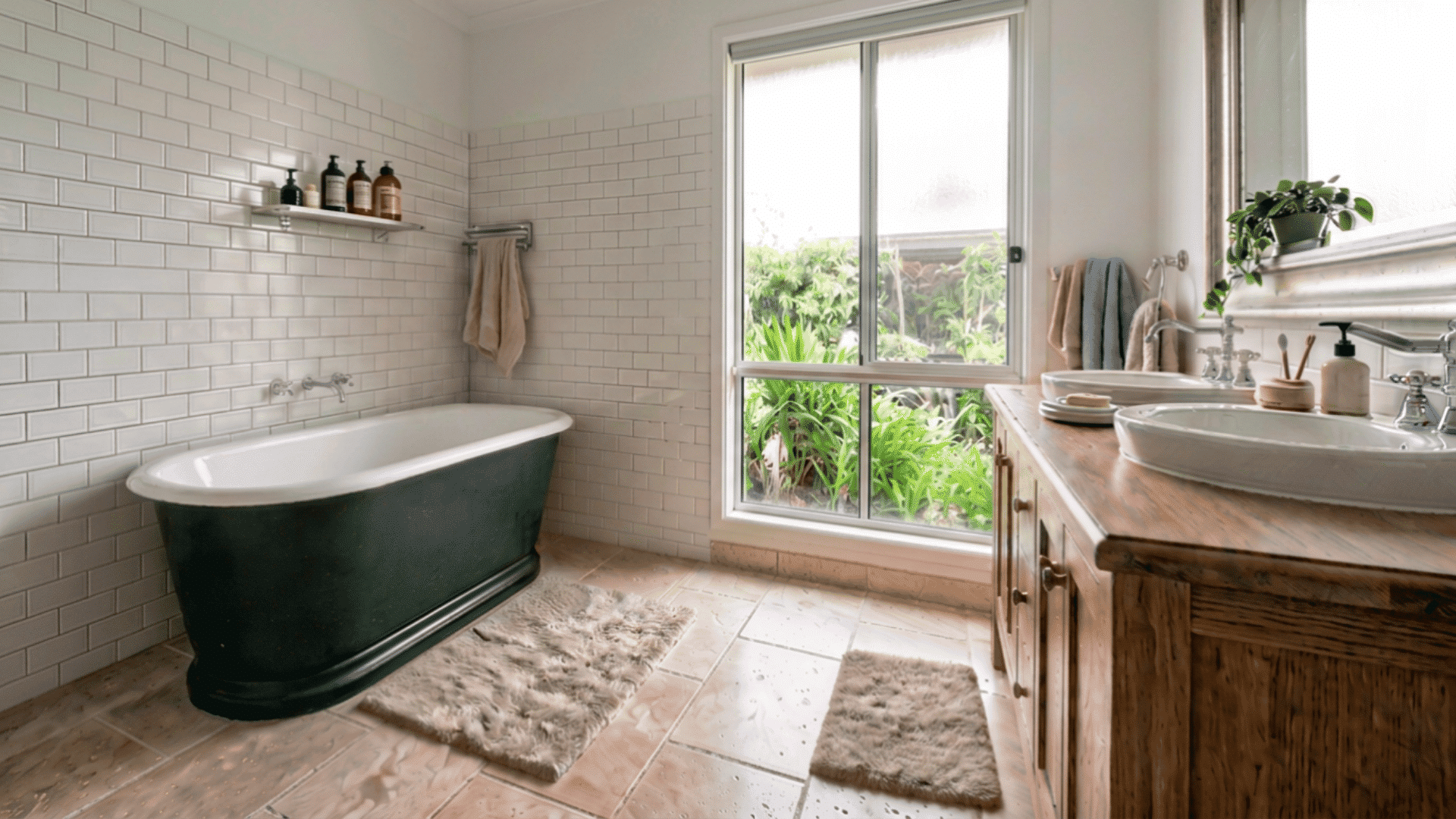Bathroom with dark green bathtub, white tile walls, wood vanity, and large window.
