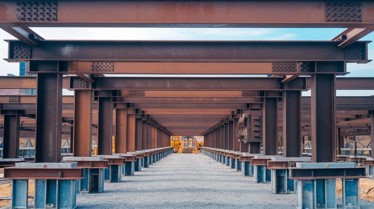Heavy structural steel beams resting on rows of concrete and steel foundation piers.