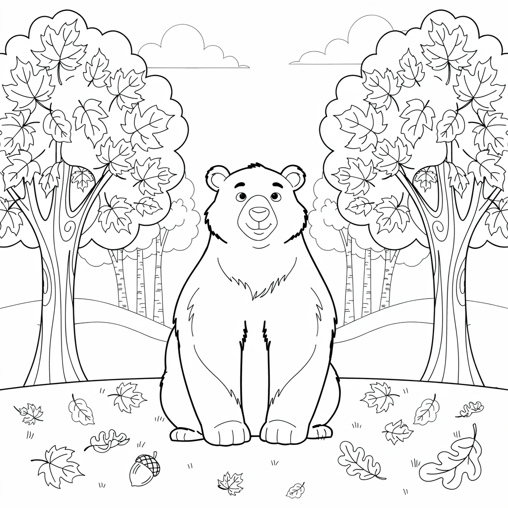 Bear autumn coloring page featuring a friendly bear standing among autumn trees and leaves, with large simple shape